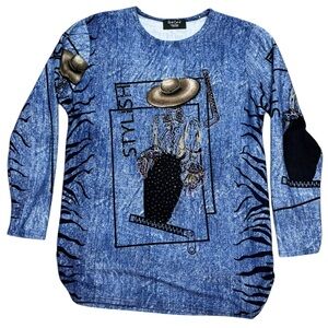 Red Coral Blue & White Stylish Rhinestone Jewel Fashion Graphic Statement Top XL